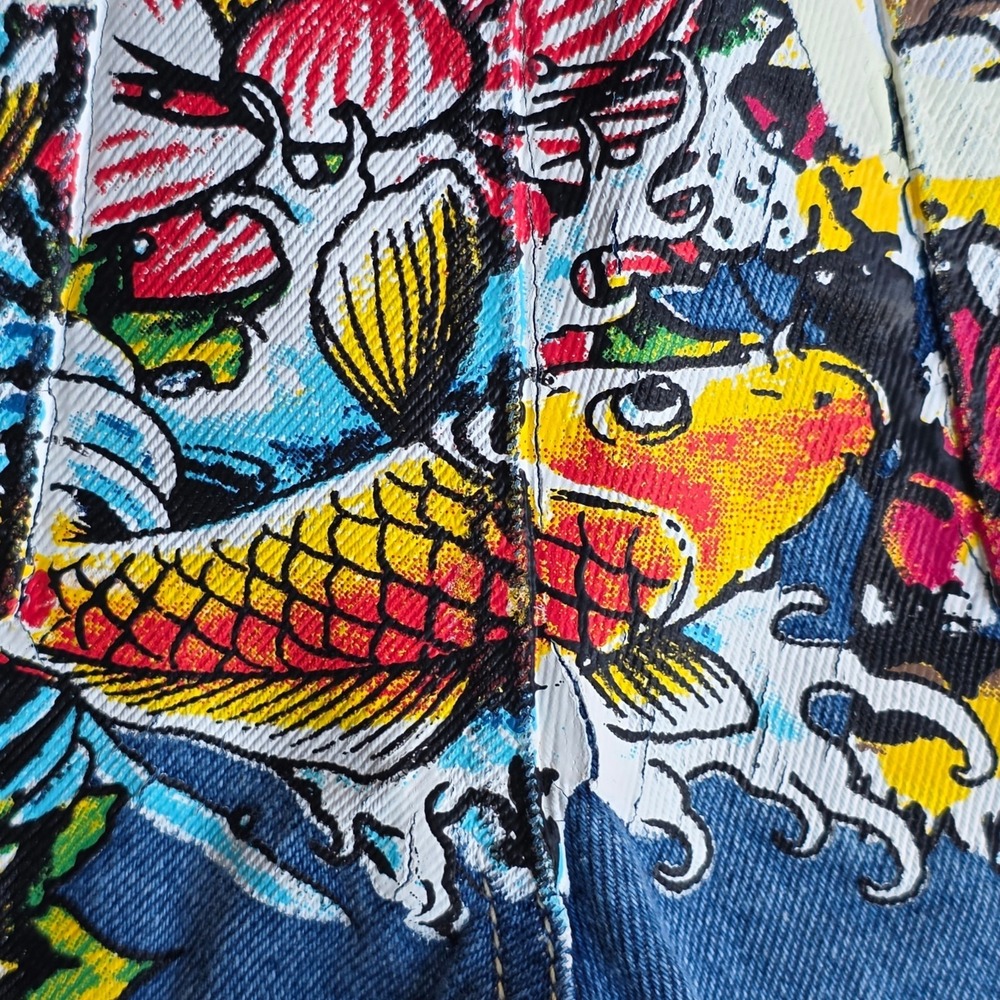 Ed Hardy Jeans Size 28 (30" Waist) Painted Tattoo Dragon Koi Y2K Baggy Low Rise - Picture 9 of 10